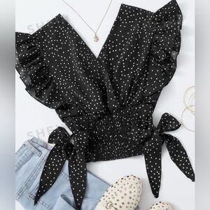 VCAY Ruffle Armhole Shirred Hem Polka-dot Top